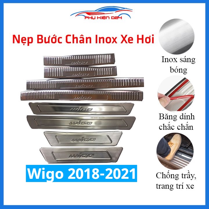 Bộ ốp bậc cửa trong ngoài nẹp bước chân Wigo 2018-2019-2020-2021 Inox chống trầy trang trí xe