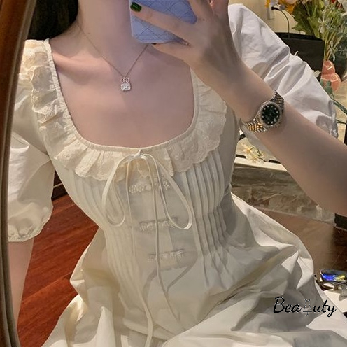 [MURIOKI] Đầm Công Chúa Cổ Vuông Phối Ren Màu Trắng Phong Cách Pháp Thời Trang 2022 Sang Trọng Cho Nữ