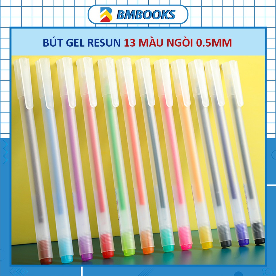 Bút gel nhiều màu ngòi kim 0.5mm Resun thiết kế nhựa trong cán mờ bảng màu phong phú BMBooks