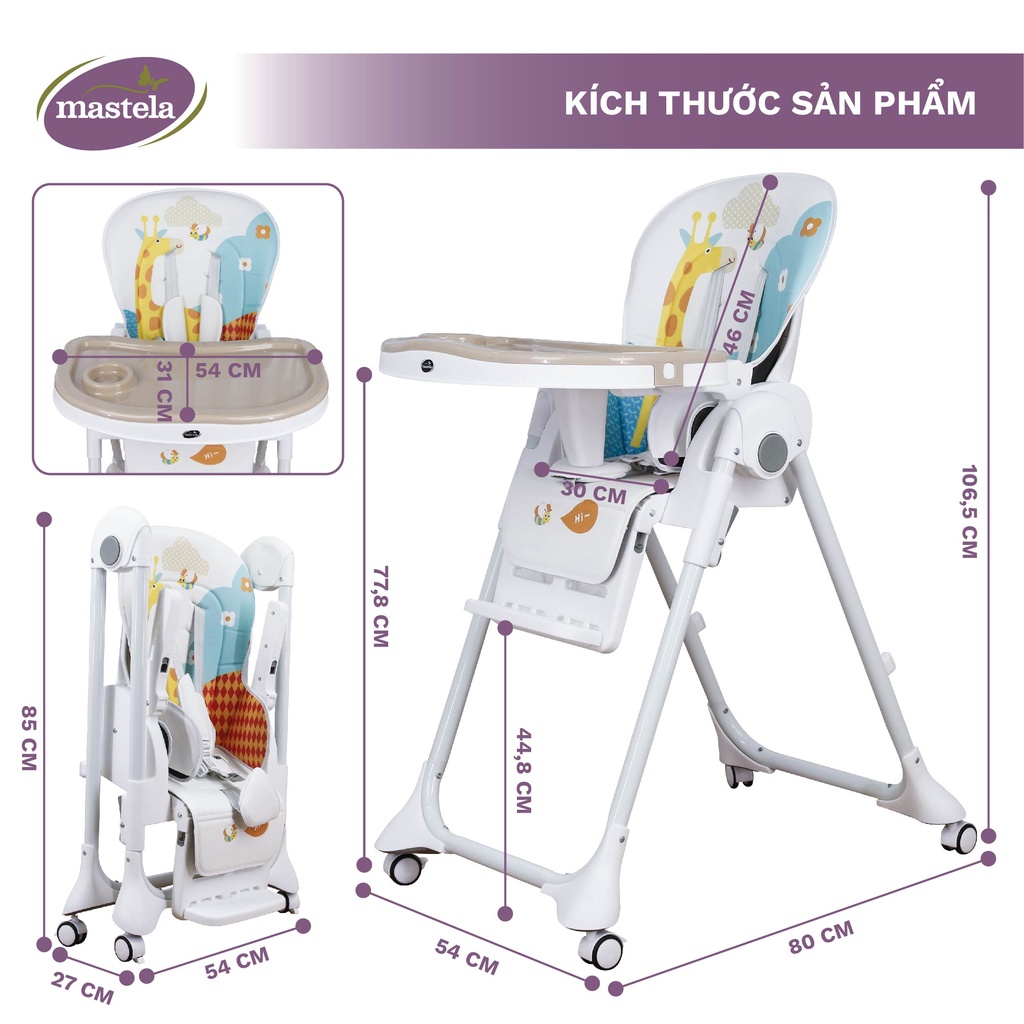 Ghế ăn dặm đa năng cho bé Mastela 1015 có 7 mức nâng hạ độ cao, 3 chế độ ngả, dùng cho bé từ 4 tháng - 5 tuổi