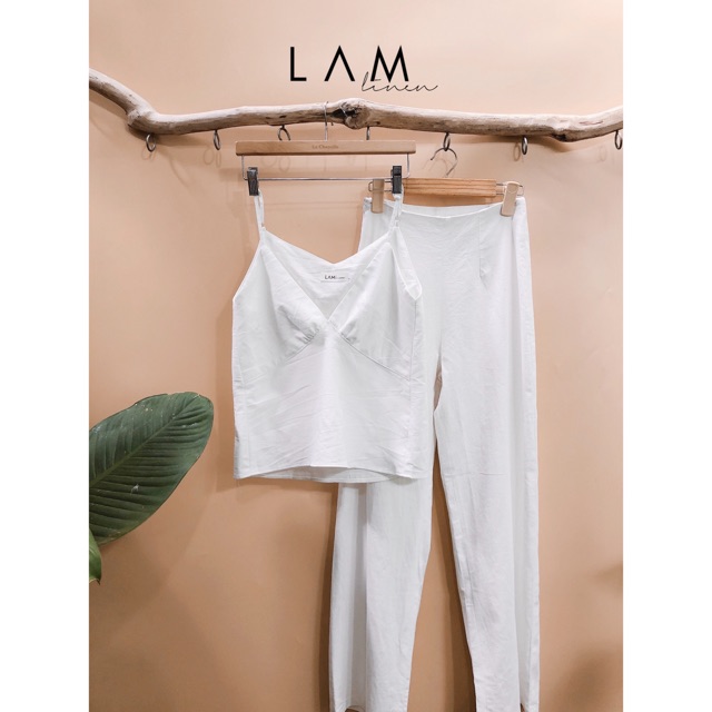 Set áo dây + quần dài vải Linen - màu trắng