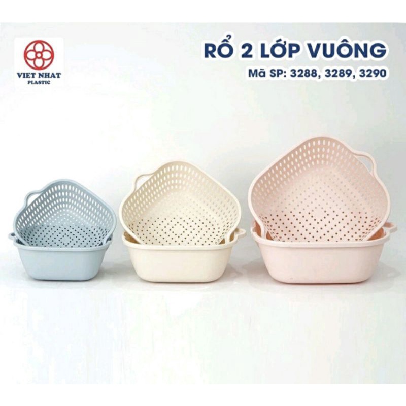#Sale lớn# Rổ nhựa vuông 2 lớp kèm chậu nhựa Việt Nhật - có quai cầm 2 bên, rổ kép hứng nước vừa vặn, nhựa đẹp không mùi