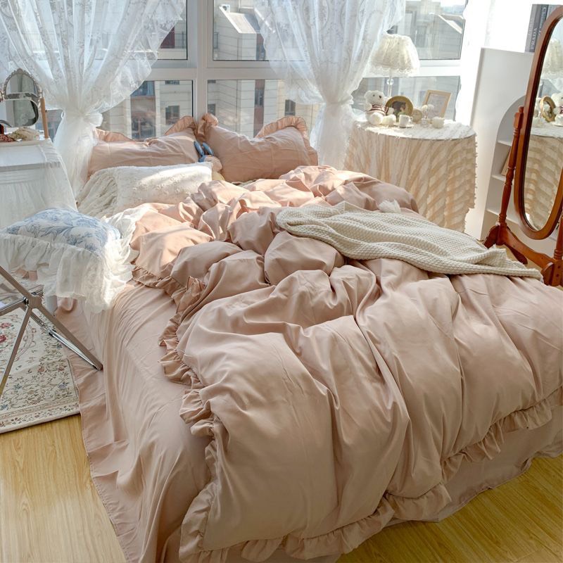 Chăn ga gối cotton bèo decor phong cách Hàn Quốc - bèo hồng viền trắng nhiều size 1m, 1m2, 1m4, 1m6, 1m8, 2m2
