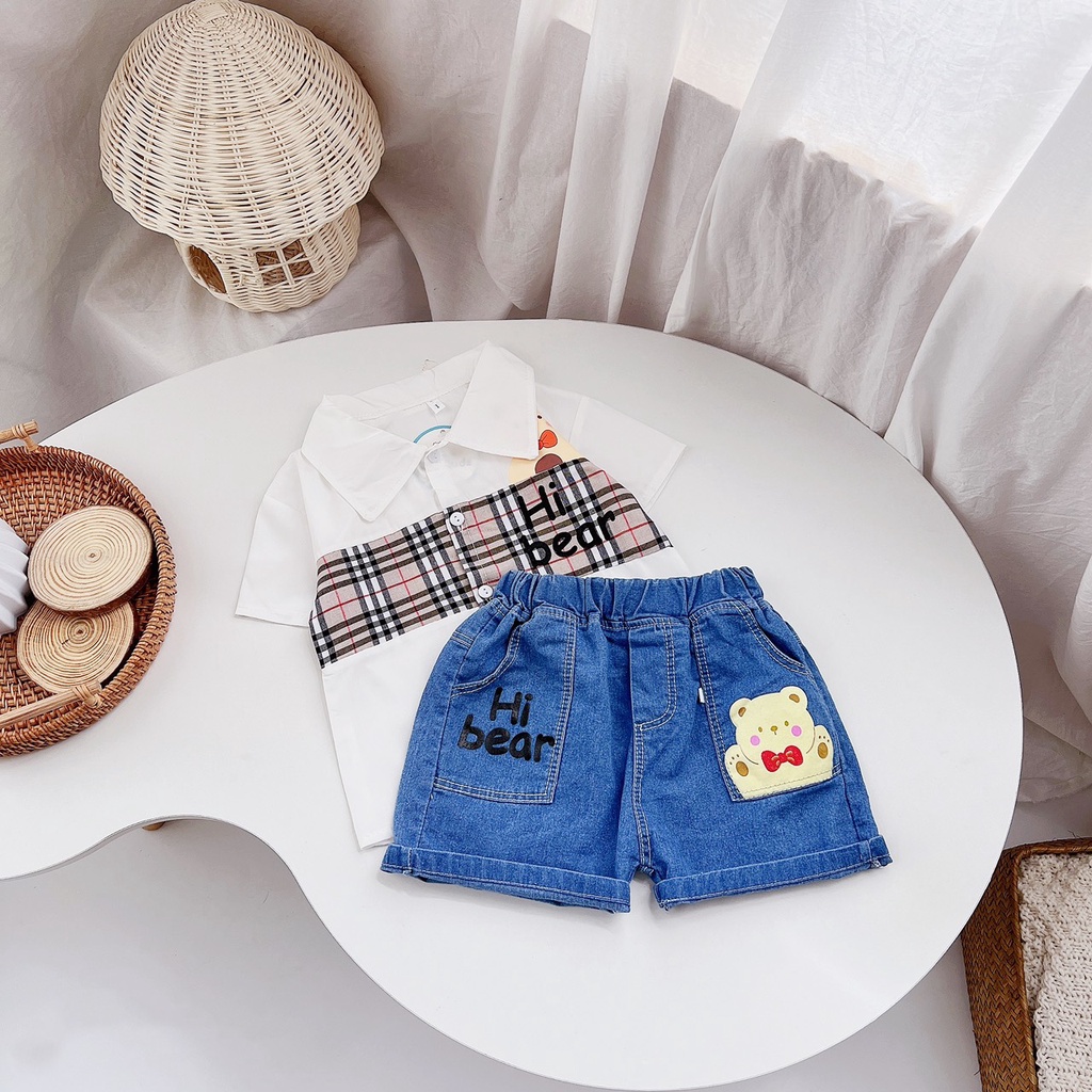 Bộ đồ bé trai, bộ sơ mi áo gấu cho bé trai siêu hot cho bé đến trường DOBO045