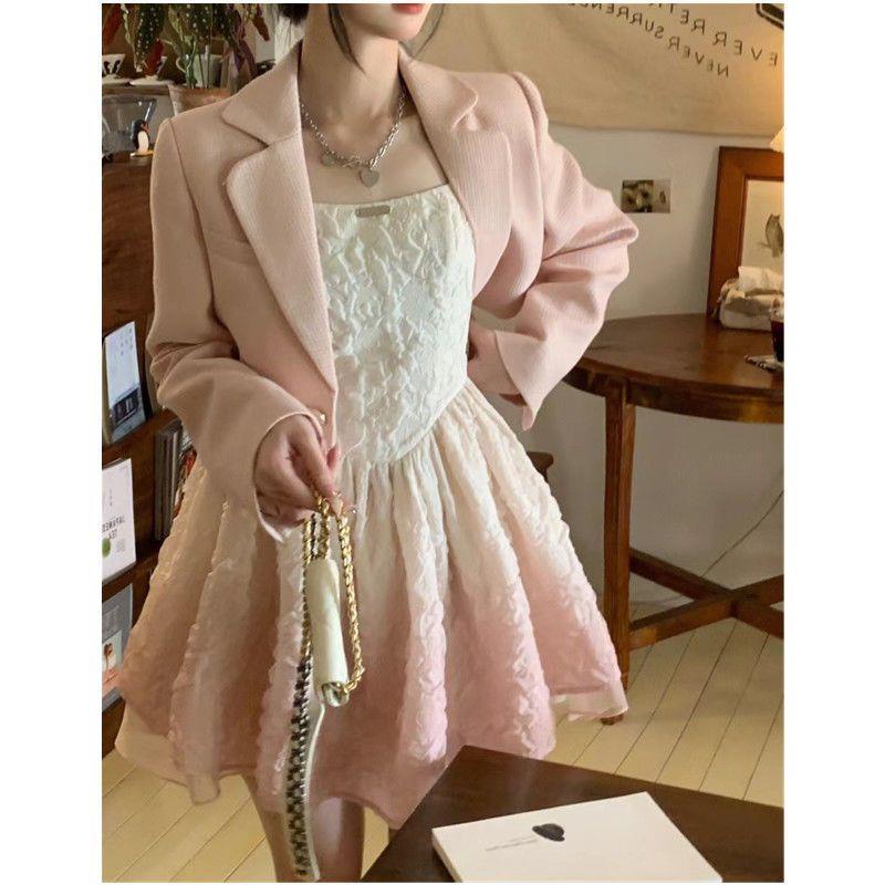 Bộ Áo Khoác + Chân Váy Yếm Lưng Thắt Nơ Phong Cách Hàn Quốc Ngọt Ngào Thời Trang Cho Tuổi Trung Niên