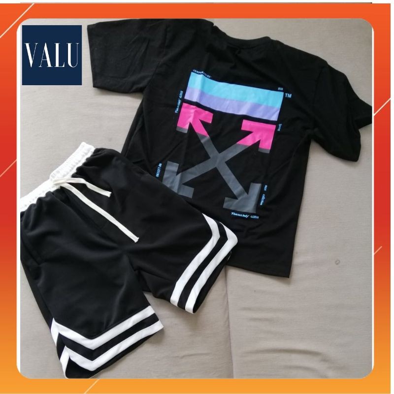 COMBO (Quần short 2v + Áo thun OW 3 màu tay lỡ form rộng unisex) - Quần short thun nam nữ tập gym thể thao | Valu Store