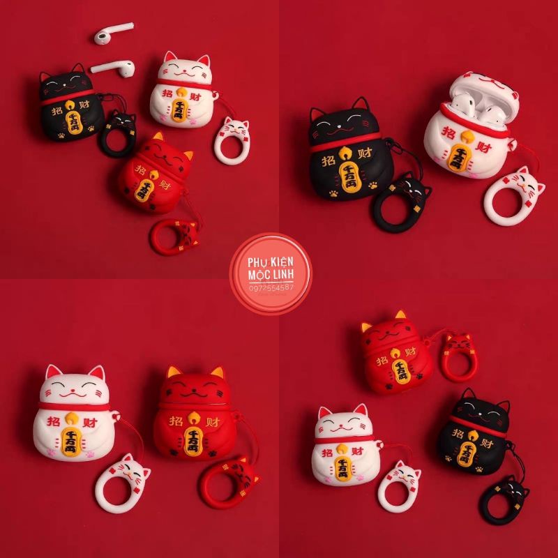 ☘️Tặng kèm móc tay☘️Case bao airpod silicon 1 2 PRO 3 MÈO THẦN TÀI MANG MAY MẮN - Vỏ bọc đựng tai nghe không dây i11 i12