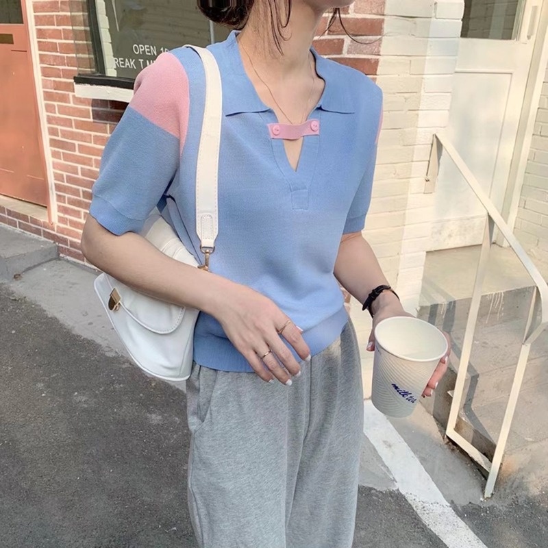 Áo Thun Dệt Kim Tay Ngắn Dáng Rộng Thiết Kế Mới Thời Trang Theo Phong Cách Hàn Quốc