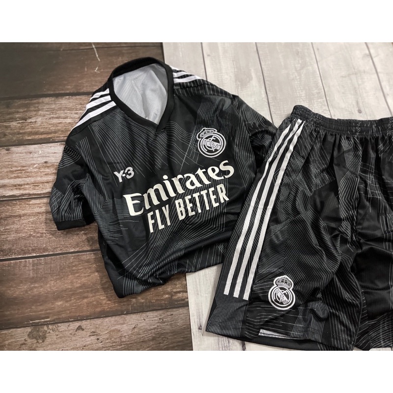Set Bộ quần áo bóng đá thể thao nam nữ vải gai thái clb real madrid áo đen quần đen