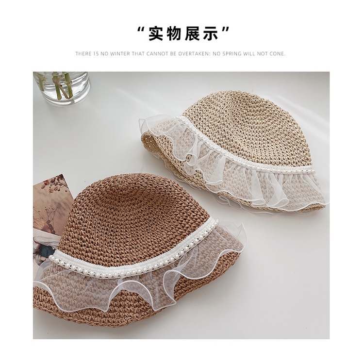 Mũ tai bèo đan cói rộng vành mỏng phối ren bèo đính ngọc trai chống nắng thời trang đi biển mùa hè thoáng mát cho nữ