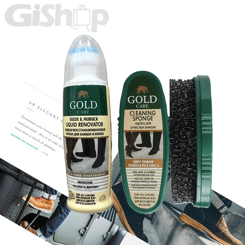 Combo Chăm Sóc Giày Da Lộn GoldCare Xi Nước Đánh Giày GC2002 và Bàn Chải Đánh Bụi Giày, Da GC4007
