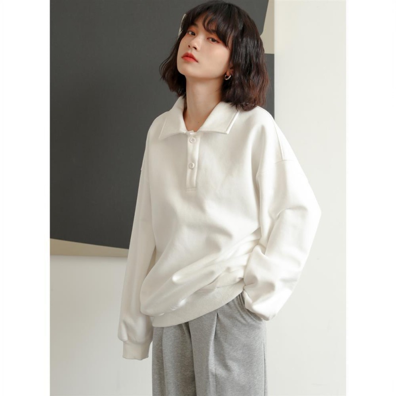 Áo sweater trắng dáng rộng cổ polo thiết kế mới thời trang thu đông 2023 Hàn Quốc cho nữ