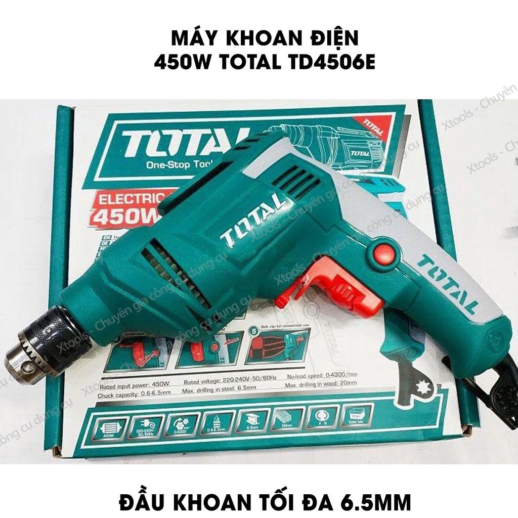 Máy khoan cầm tay TOTAL TD4506E công suất 450w, tốc độ 3200rpm, đầu khoan 6.5mm, khả năng khoan sắt 6mm, khoan gỗ 20mm,
