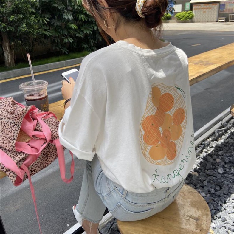 Áo Thun Nữ Tay Ngắn Cổ Tròn In Hình Quả Cam 100% Cotton