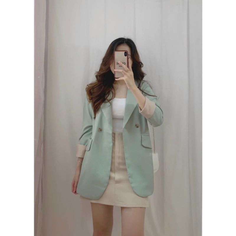 Áo Blazer Ms.1283 Áo Blazer Vest Tay Lật, Hai Cúc, Dáng Suông, Phối Túi Chéo, Chất Tuyết Mưa 1 Lớp