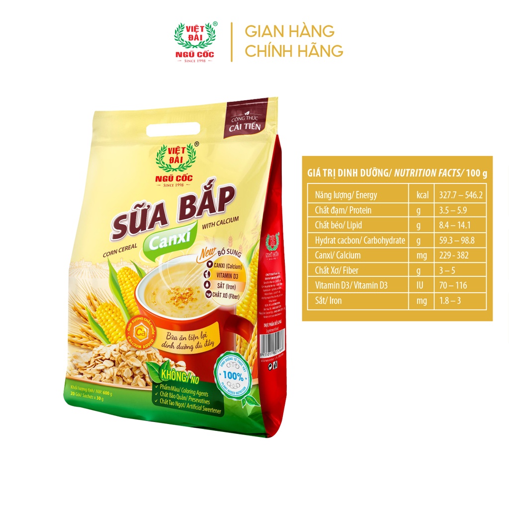 Combo 5 sản phẩm Bột ngũ cốc Sữa bắp Canxi Việt Đài túi 600g