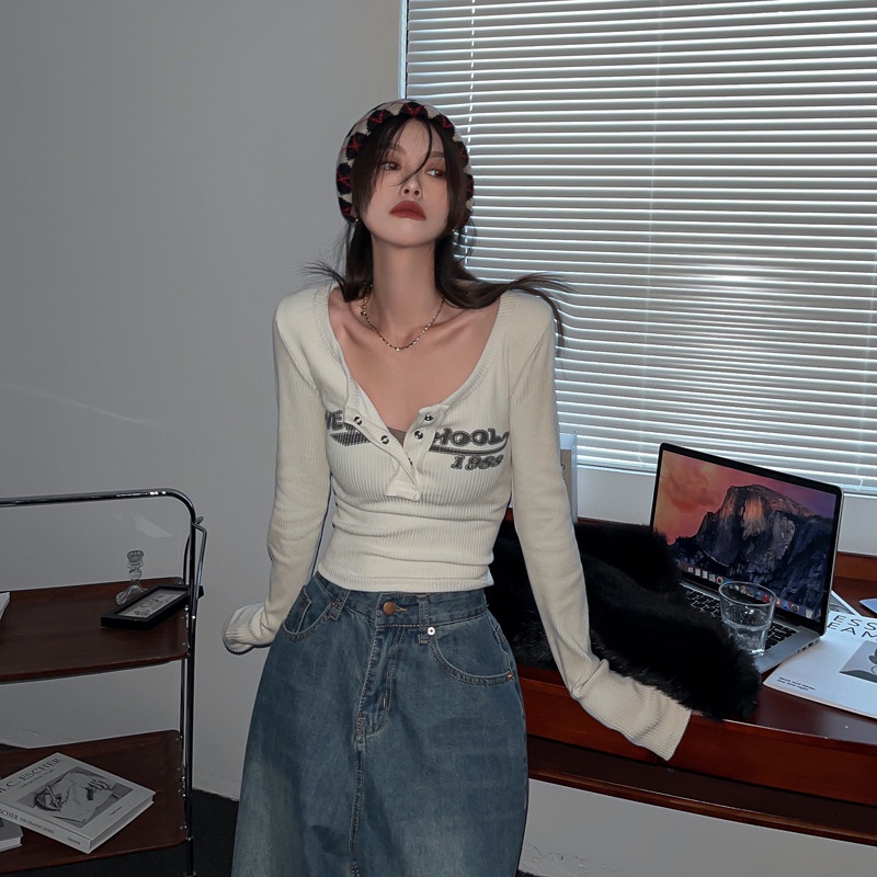 Áo Thun Tay Dài Dáng Ôm In Chữ Thời Trang Thu Đông