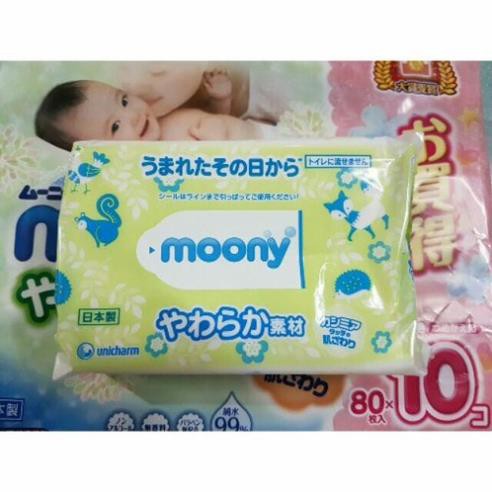 (Date T9/2023) Combo 10 Bịch Giấy Ướt Moony Nội Địa Nhật Bản 80 Tờ