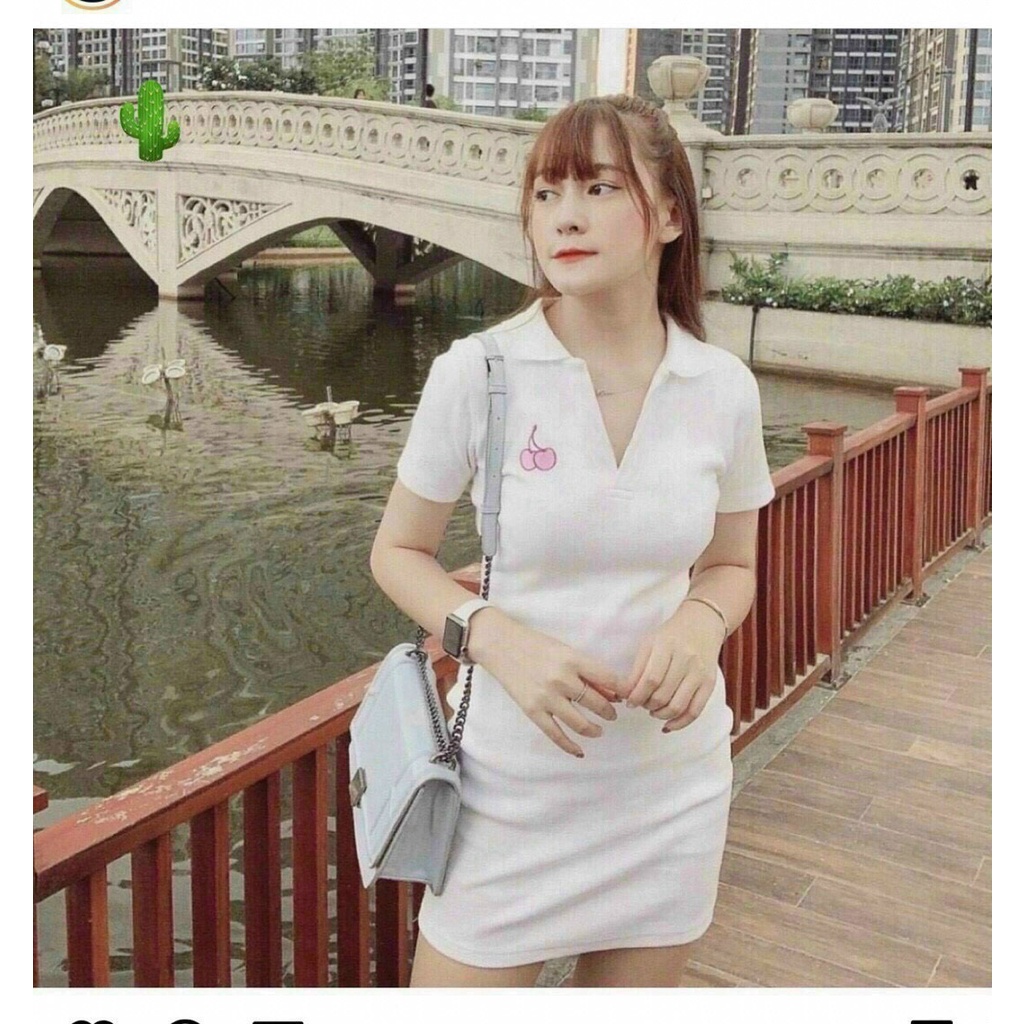 Đầm nữ cổ bẻ phối thêu hình chery dáng ngắn body chất thun gân