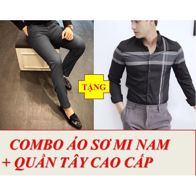 COMBO ÁO SƠ MI ĐEN SỌC NGANG DỌC+ QUẦN KAKI ĐEN NAM THỜI TRANG CAO CẤP