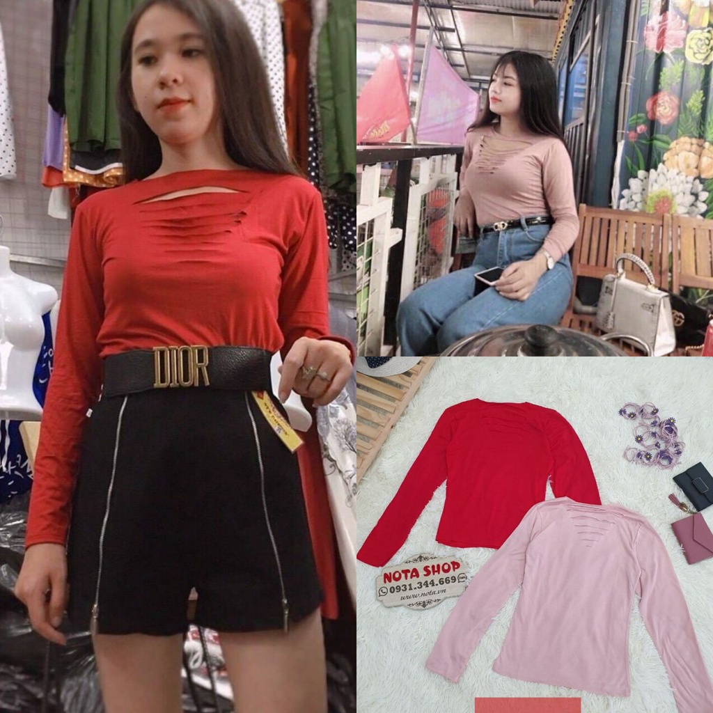 Áo thun ôm tay dài cắt xẻ rách phần ngực chất thun mát phong cách hời trang hè retro mới cho nữ, ÁO BODY RÁCH
