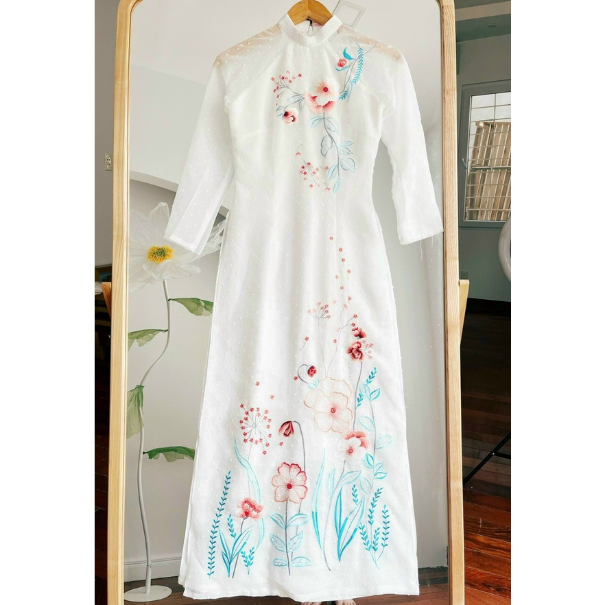 Áo dài bạch tuyết tà dài 130cm 4 tà siêu xinh họa tiết thêu sắc xảo Nét Việt