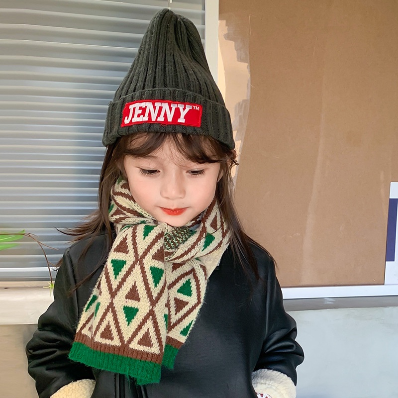 Khăn Choàng Cổ Bằng Len Dệt Kim Họa Tiết Kim Cương Thời Trang Mùa Đông Cho Bé