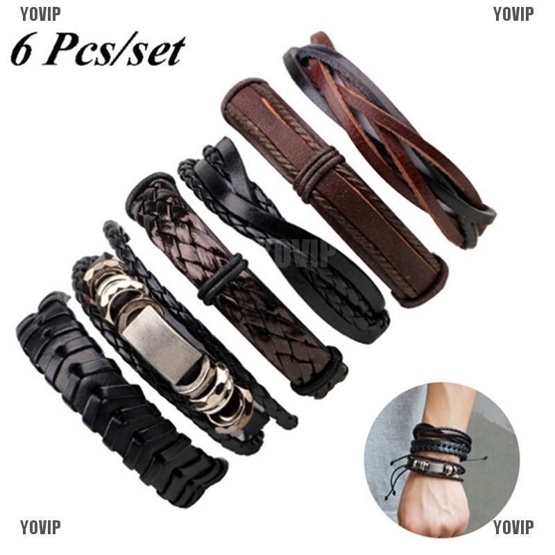 Set 6 Vòng Tay Da Bện Nhiều Lớp Phong Cách Vintage Cho Nam