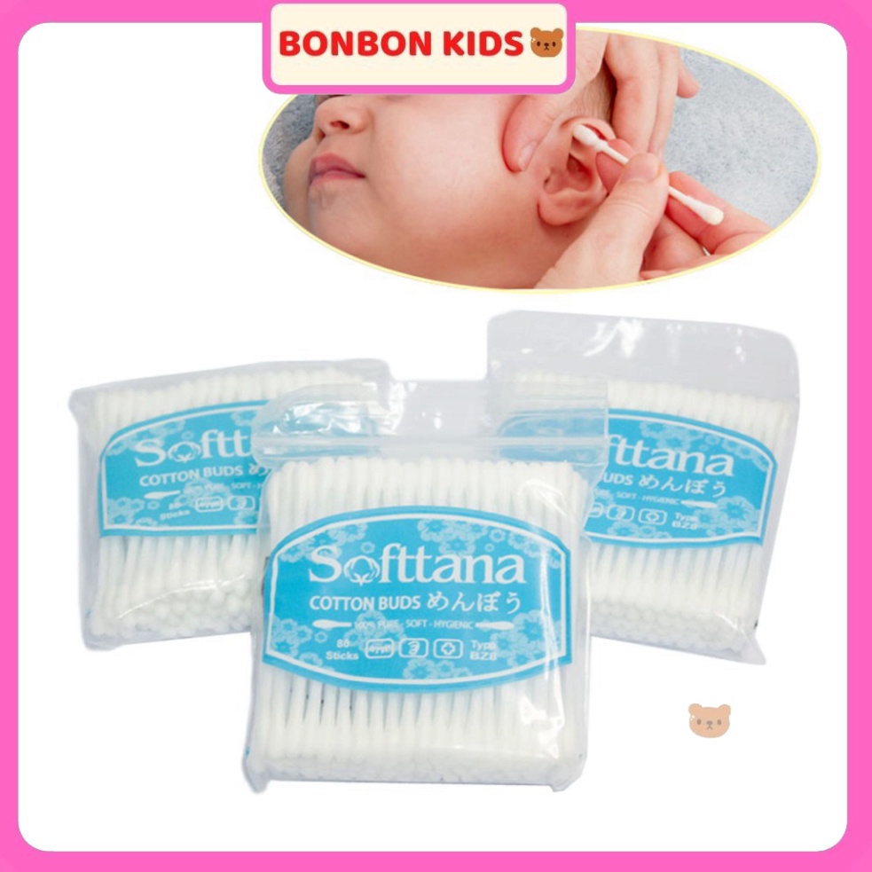 Bông vệ sinh tai mũi Softtana cho bé (Gói 80 que) 100% bông siêu thấm BONBON KIDS