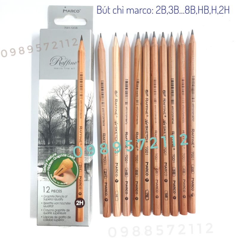 [Hộp 12 cái] Bút chì  thân gỗ marco-7001 các cỡ từ 2B-2H.