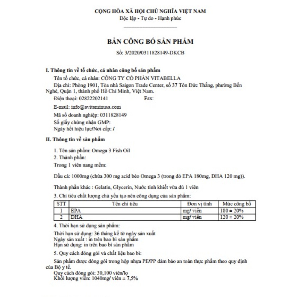 [Nhập HANG2708 giảm 8% đơn 300K] Viên uống dầu cá chất lượng Vitabella Omega 3 Fish Oil (Hộp 100 viên) HSD 2023