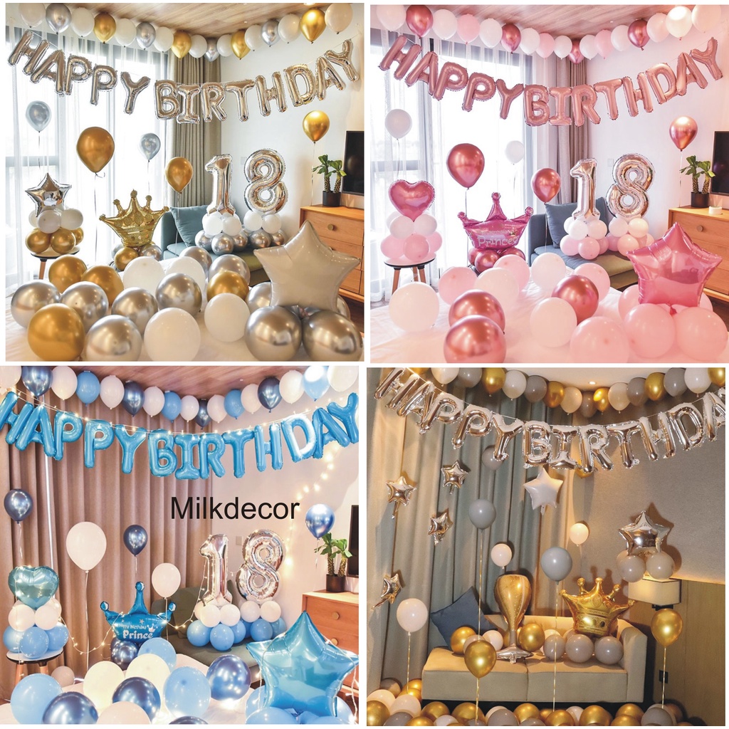 Set Bóng Bay Trang Trí Sinh Nhật Đủ Phụ Kiện Như Hình Chọn Màu QA00