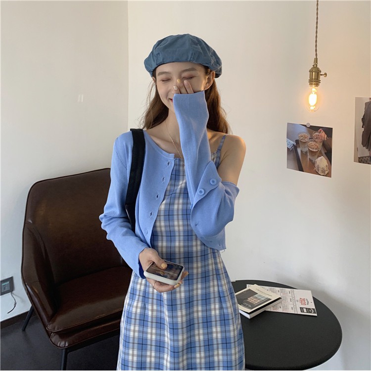 Xiaozhainv Bộ đầm hai dây / áo khoác caro tay dài cho nữ | BigBuy360 - bigbuy360.vn