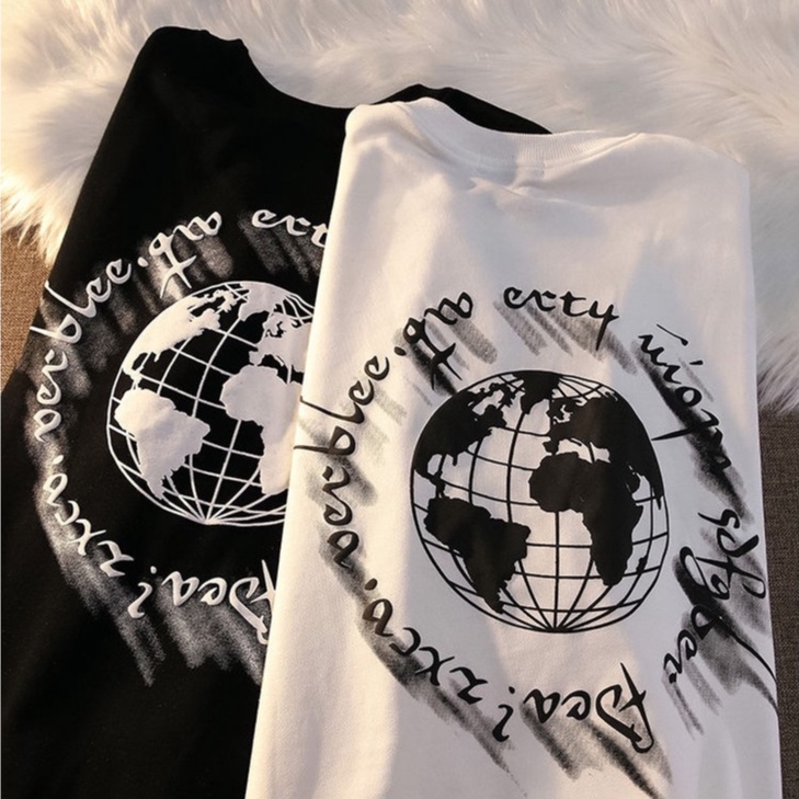 Áo thun nỉ ZHELIHANGFEI tay dài dáng rộng in hình trái đất phong cách retro cao cấp