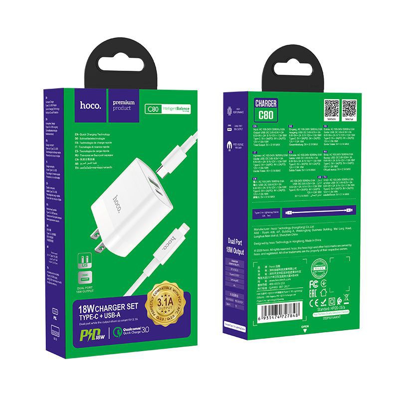 🌟🌟Bộ Củ + Cáp Sạc Nhanh 20W HOCO C80 PD+ QC3.0 có 2 cổng ra + Cáp Sạc Type C - Lingtning Cốc sạc nhanh với dòng 20W
