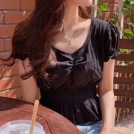 SUXI Áo Sơ Mi Tay Ngắn Cổ Chữ V Màu Sắc Đơn Giản Phong Cách Hàn Quốc