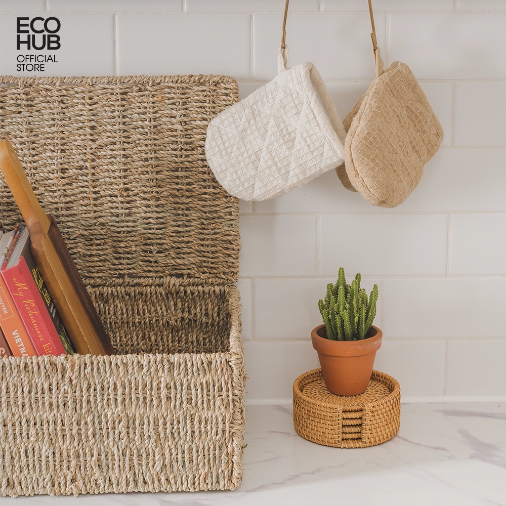 Giỏ cói chữ nhật ECOHUB đựng đồ, Khung sắt, có tay cầm / Lót vải / Có nắp đậy  | EH059