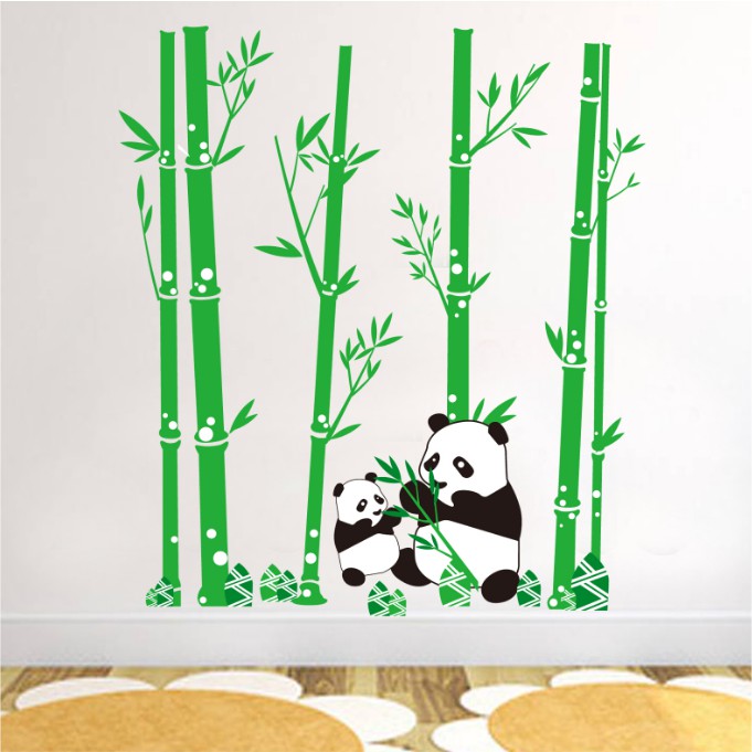 Decal trang trí tường Cây Trúc Xanh và Gấu trúc 2 Mẹ con