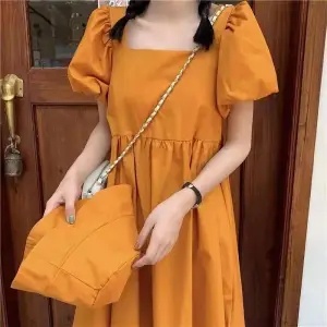 Đầm Dài Tay Phồng Cổ Chữ V Màu Trắng Phong Cách Hàn Quốc 40-80KG C8739