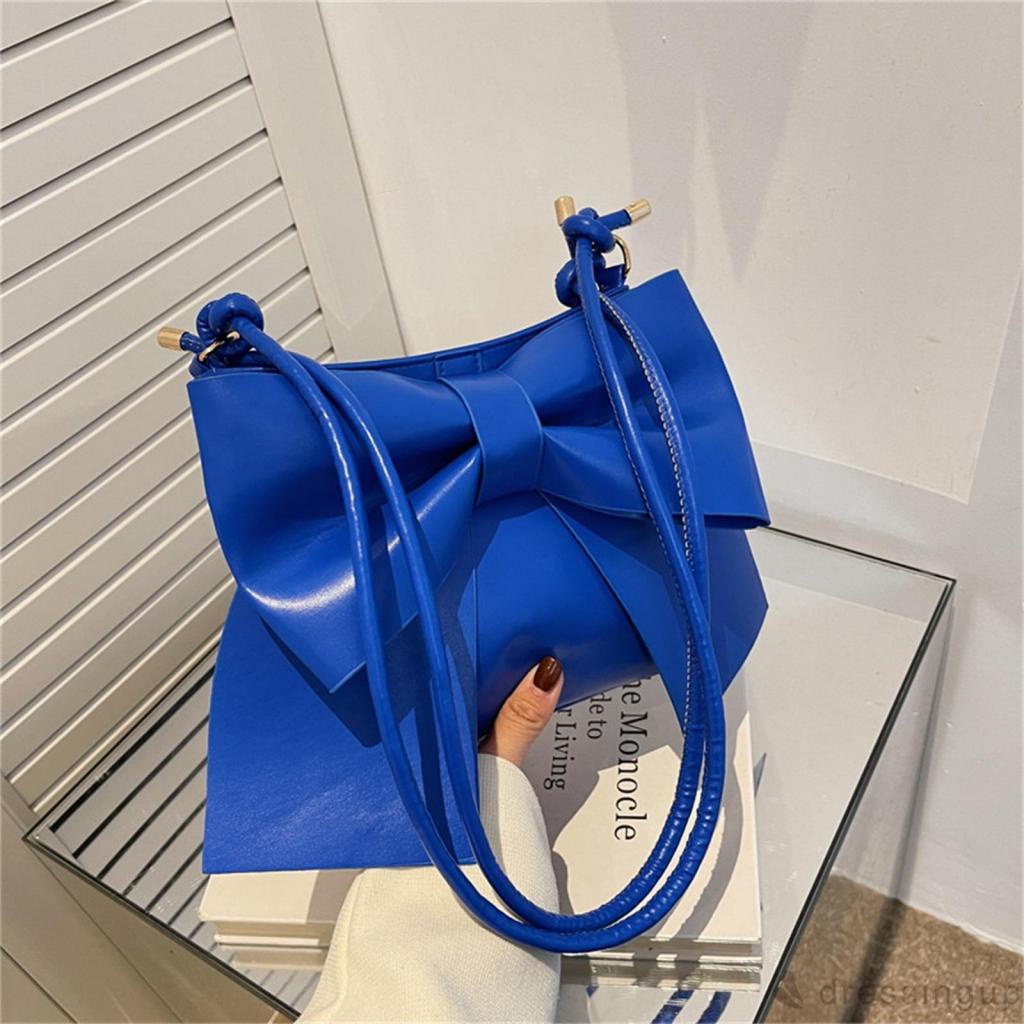 DRE-Female Shoulder Bag, Multipurpose Solid Color Bowknot Handbag Tote Bag for Women, White/Blue/Black