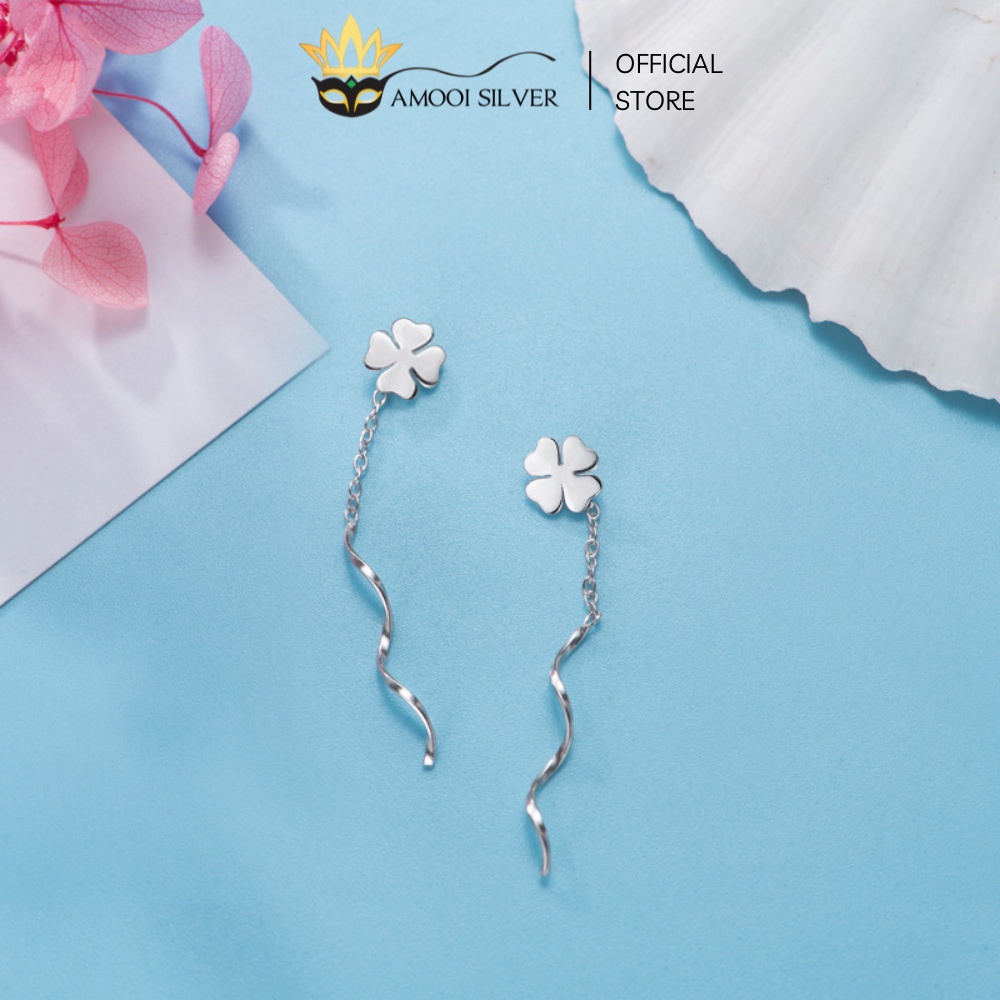 Bông Tai Bạc S925 Mẫu Cỏ 4 Lá Dáng Tua Dài Xỏ Qua Tai - Amooi Silver AB143