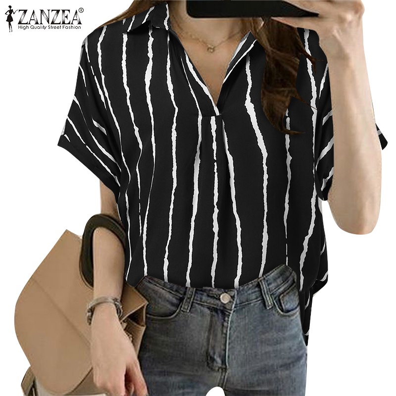 Áo sơ mi nữ ZANZEA tay ngắn dáng rộng kẻ sọc thời trang