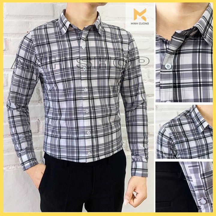 Domacushop. Áo sơ mi nam kẻ caro TRẮNG ĐEN phong cách Hàn Quốc (Mã: SMGH - TRẮNG ĐEN) Cực Đẹp