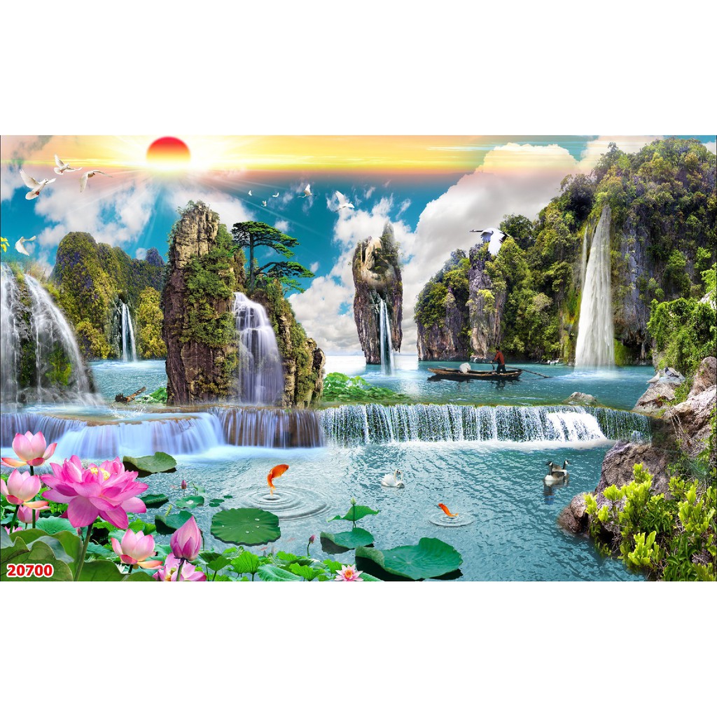 Tranh dán tường 3d phong cảnh thiên nhiên trang trí phòng khách chất liệu decal pp keo sẵn bóc dán atk2