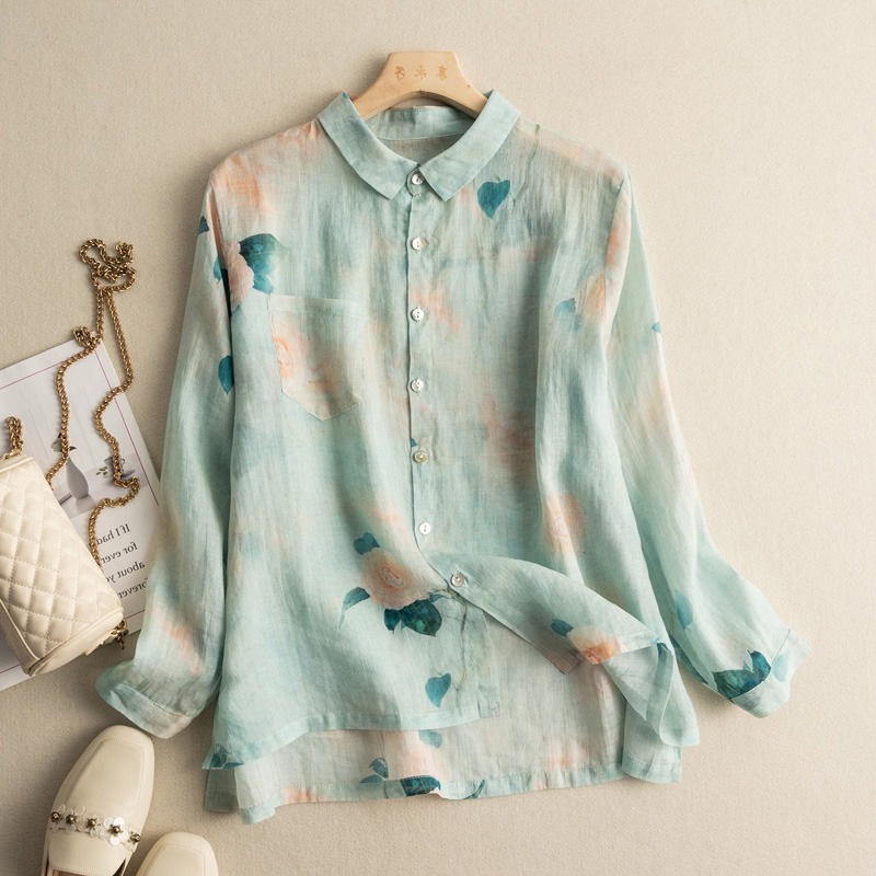 Ice tops floral cotton linen long-sleeved shirt linen foreign trade export big brand discount