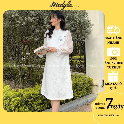 Váy bầu mùa đông cách tân Gấm hoa cao cấp cho mẹ bầu diện tết - Đầm bầu công sở thiết kế Medyla - VS412