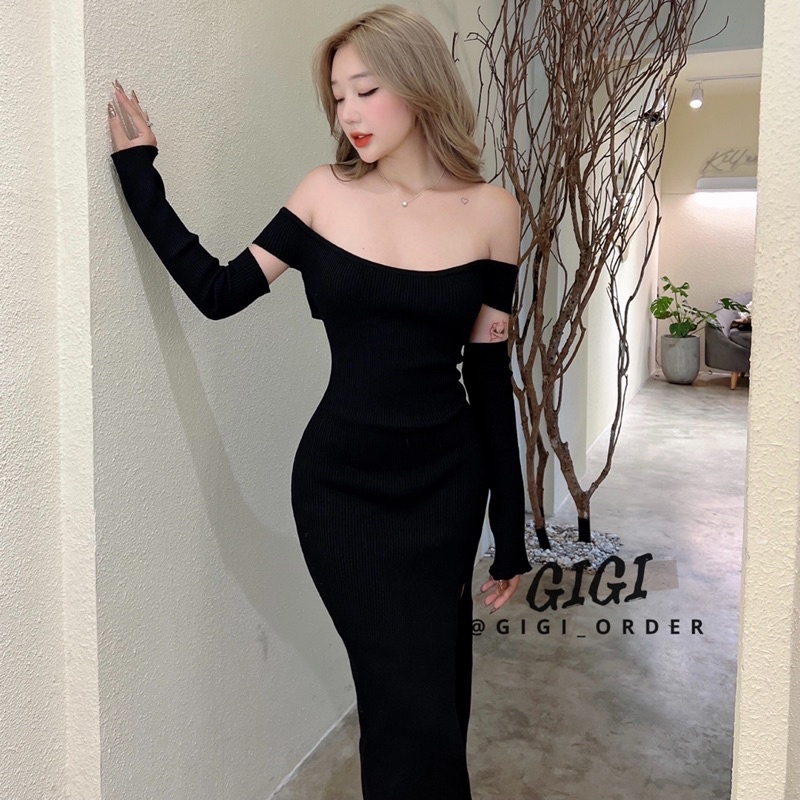 Đầm đen body kèm găng tay