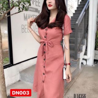 Đầm sơ mi nút cột eo