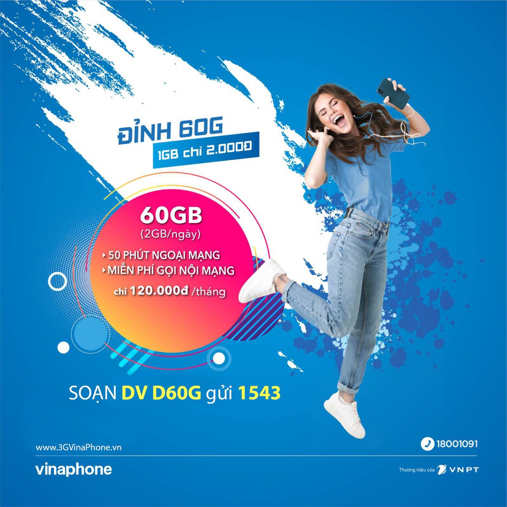 Bán Sim 4G Vina D60G 1 năm- 720Gb năm 60Gb tháng 2Gb ngày 18000 phút gọi miễn phí nội mạng và 600 phút ngoại mạng