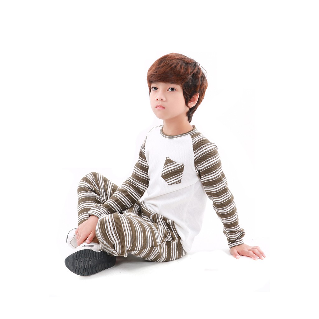 Bộ đồ len bé trai Narsis KE.9038 chất Cotton màu rêu kẻ trắng